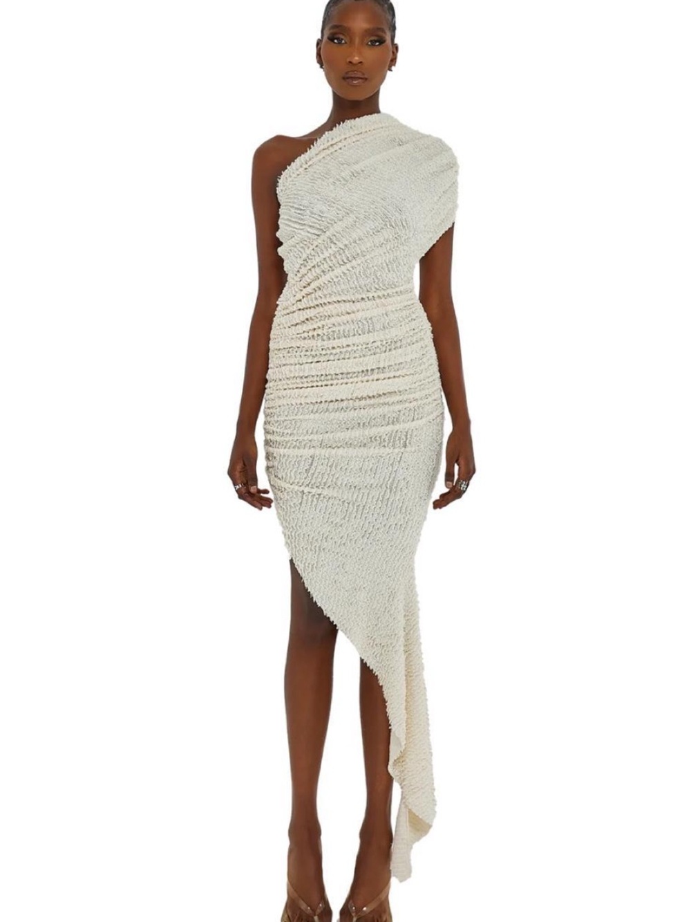 Coucoo NWT Pasu Dress Rhino Tusk Small Asymmetric Ivory Cream Ruched Midi